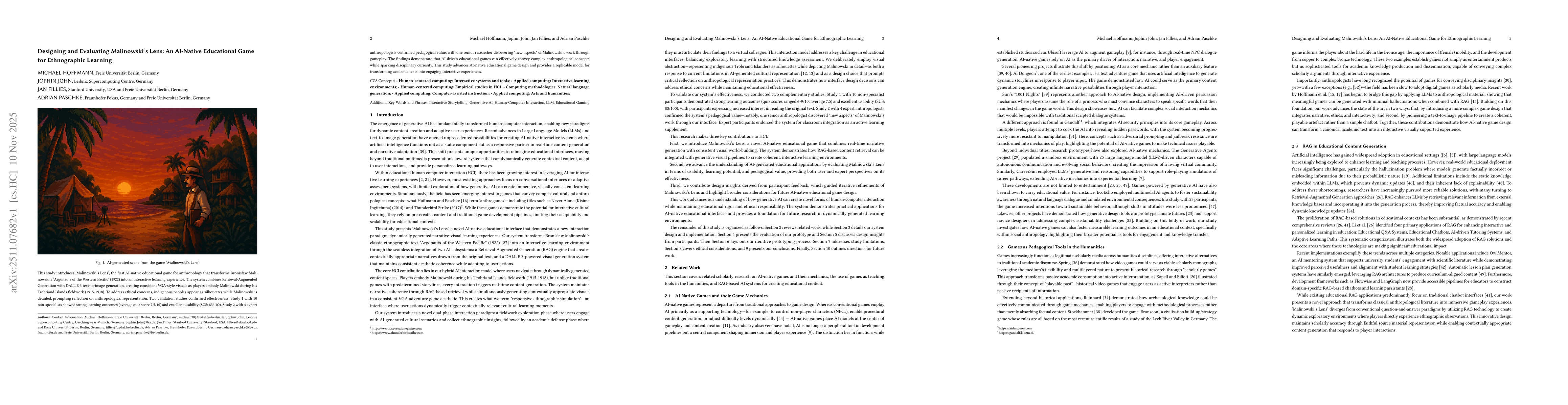 Thumbnail for Designing and Evaluating Malinowski's Lens: An AI-Native Educational Game for Ethnographic Learning