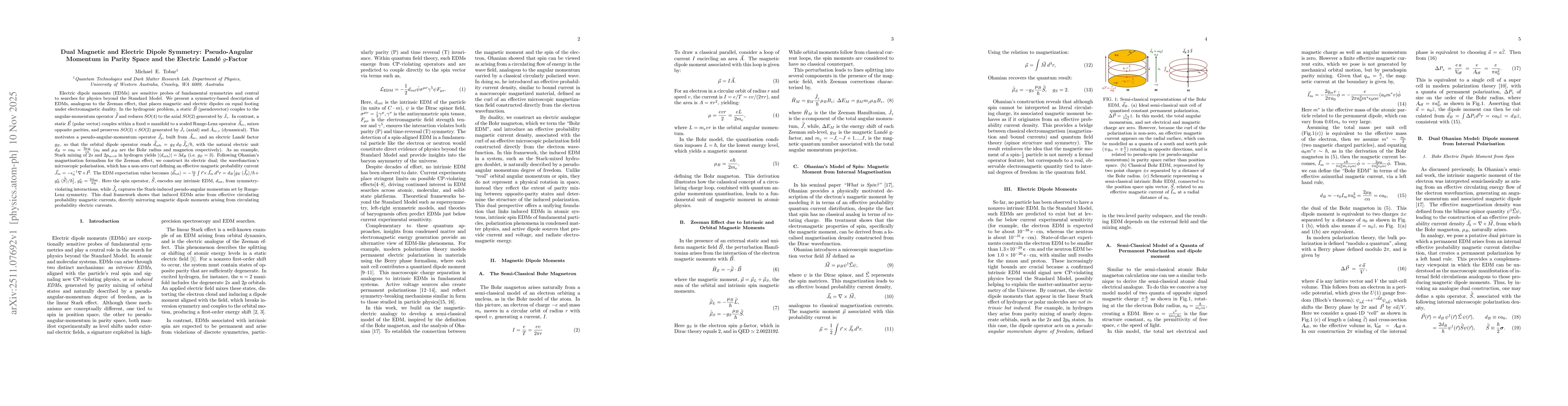 Thumbnail for Dual Magnetic and Electric Dipole Symmetry: Pseudo Angular Momentum in Parity Space and the Electric Landé $g$-Factor