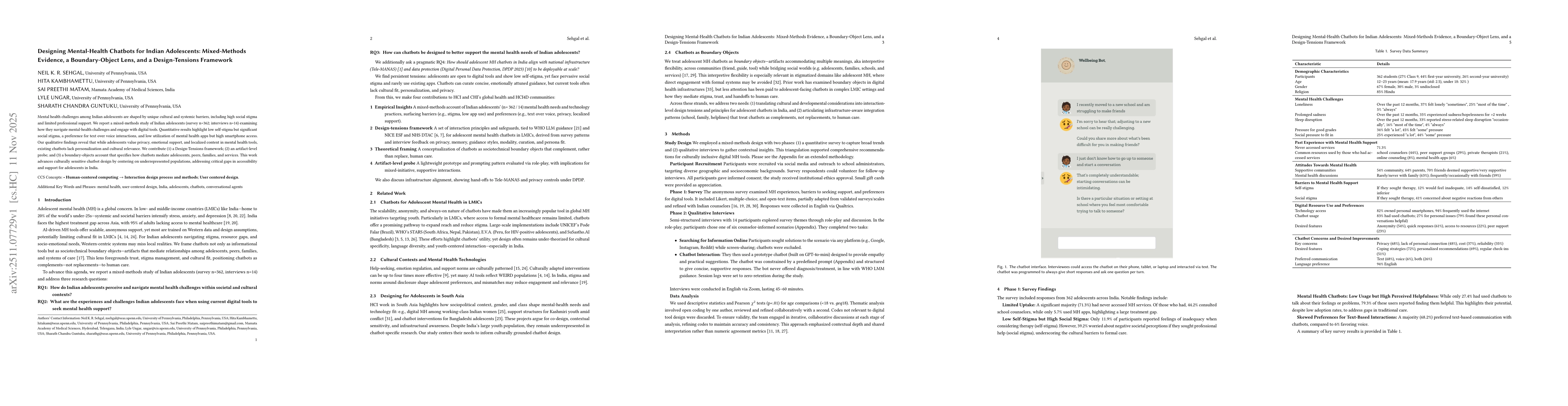 Thumbnail for Designing Mental-Health Chatbots for Indian Adolescents: Mixed-Methods Evidence, a Boundary-Object Lens, and a Design-Tensions Framework