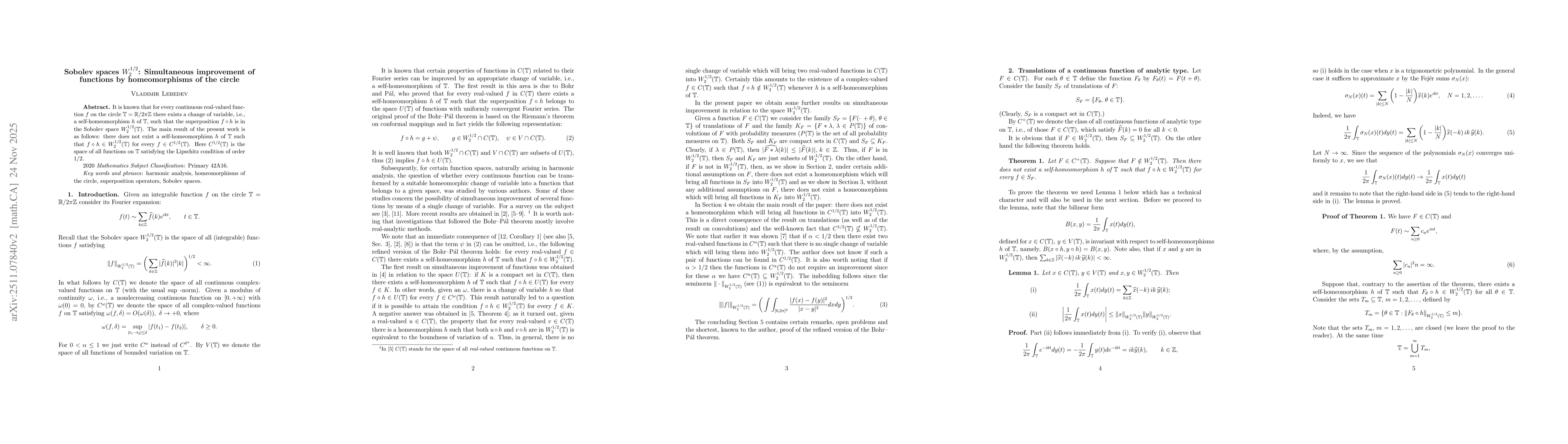 Thumbnail for Sobolev spaces $W_2^{1/2}$: Simultaneous improvement of functions by homeomorphisms of the circle