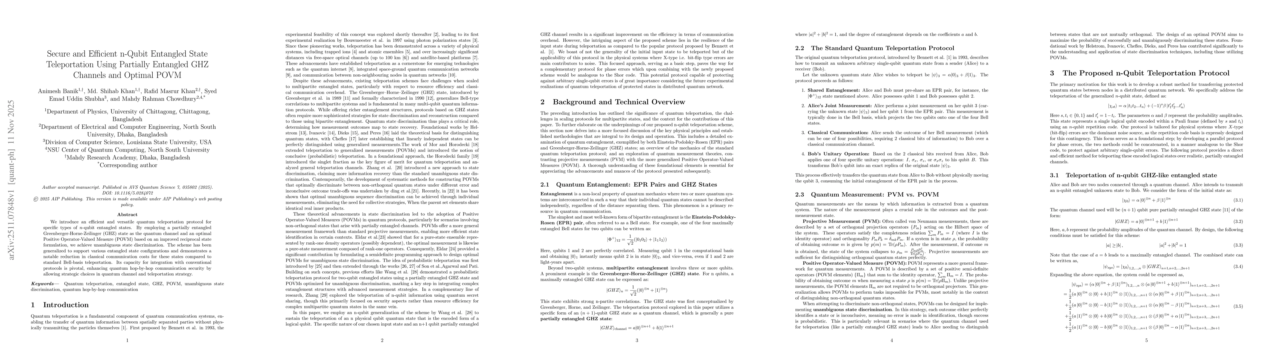 Thumbnail for Secure and Efficient n-Qubit Entangled State Teleportation Using Partially Entangled GHZ Channels and Optimal POVM