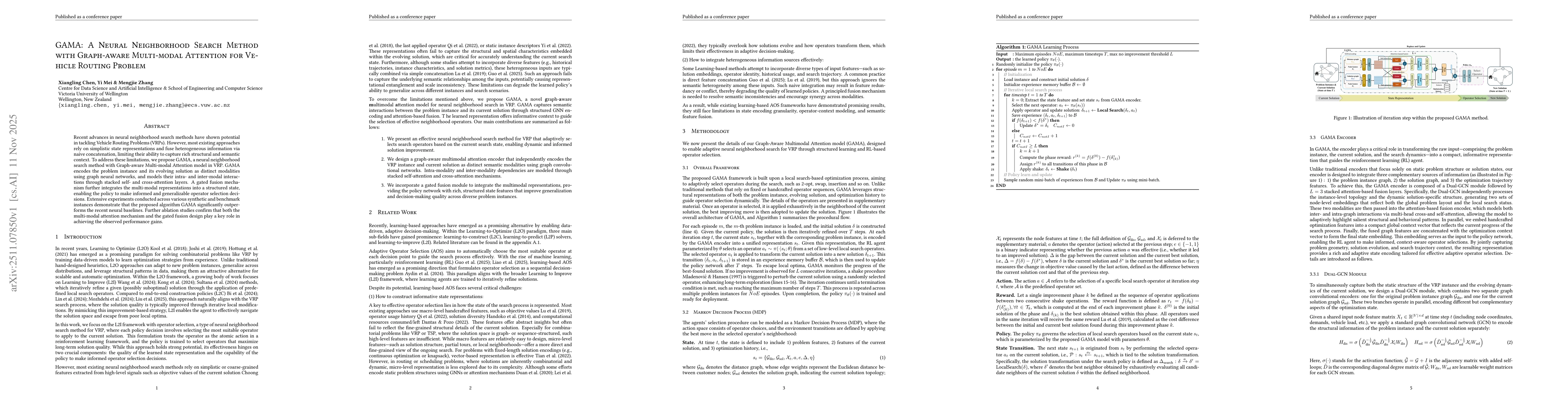 Thumbnail for GAMA: A Neural Neighborhood Search Method with Graph-aware Multi-modal Attention for Vehicle Routing Problem