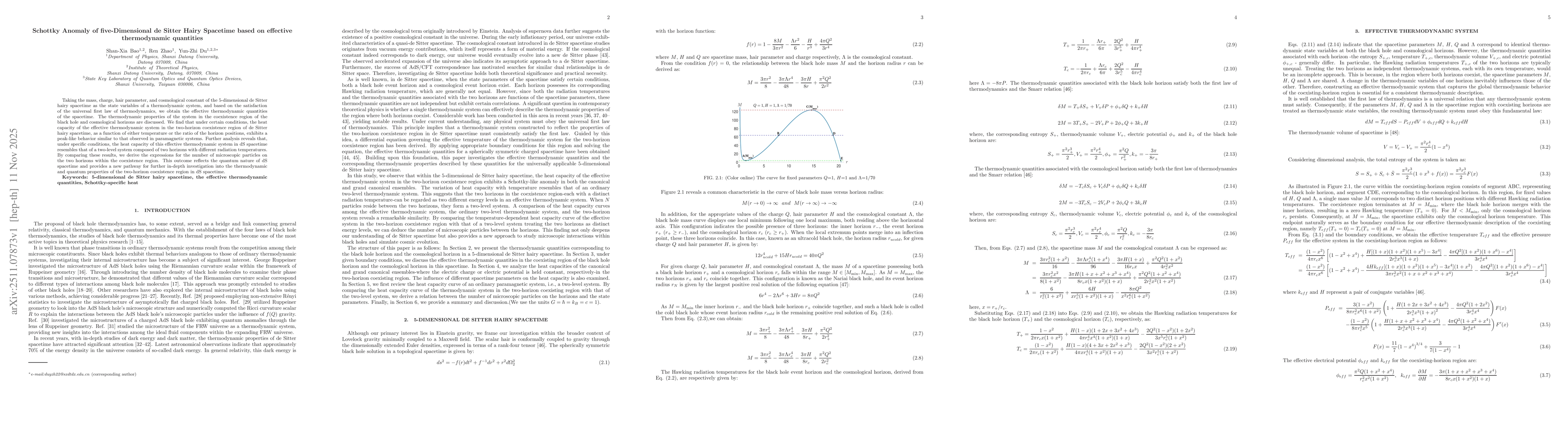 Thumbnail for Schottky Anomaly of five-Dimensional de Sitter Hairy Spacetime based on effective thermodynamic quantities