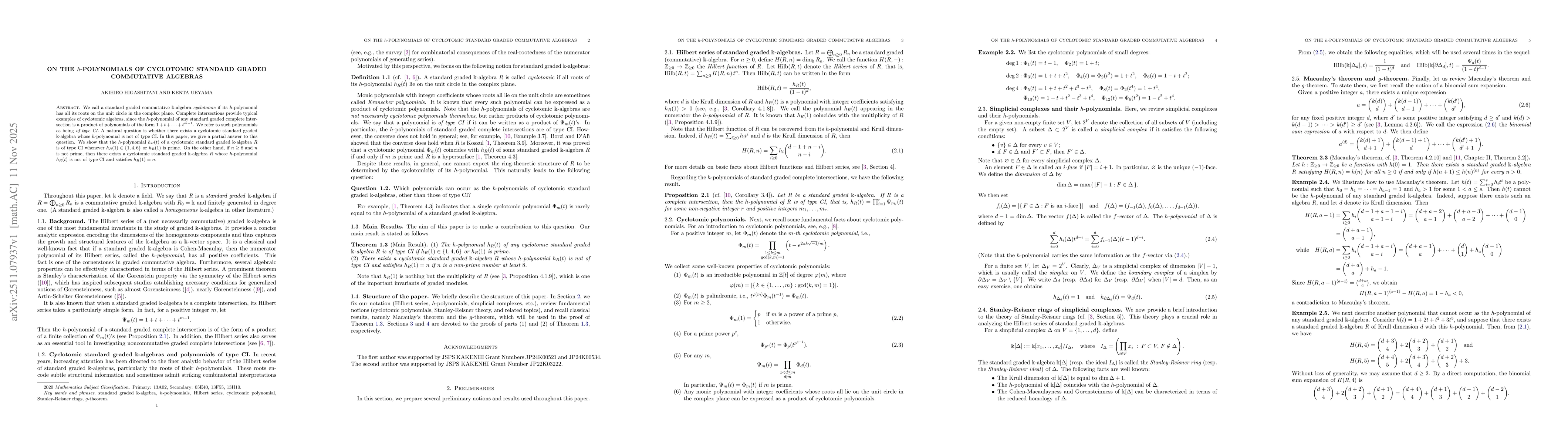 Thumbnail for On the $h$-polynomials of cyclotomic standard graded commutative algebras