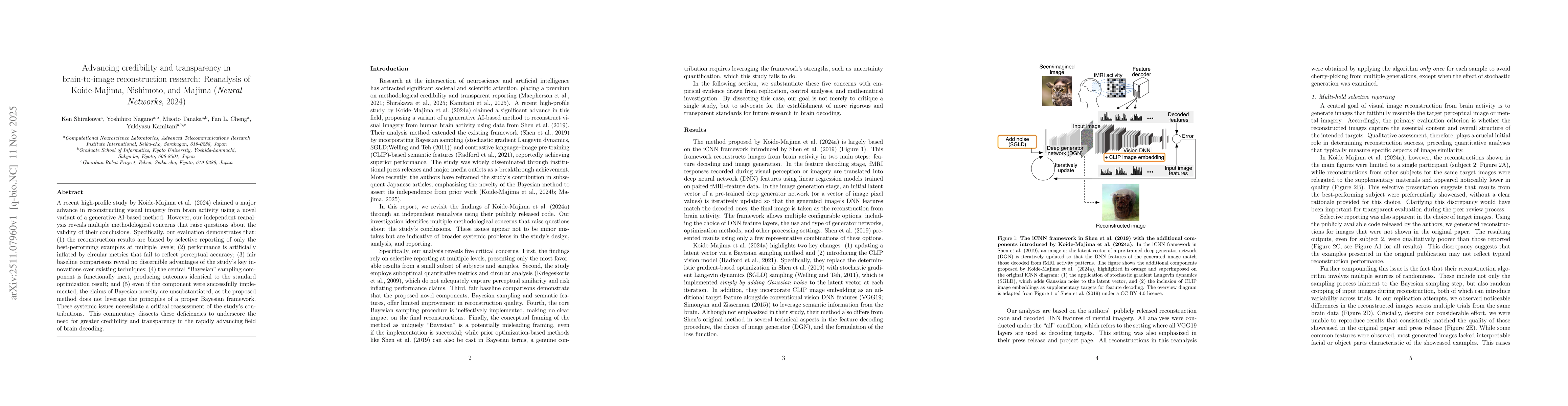 Thumbnail for Advancing credibility and transparency in brain-to-image reconstruction research: Reanalysis of Koide-Majima, Nishimoto, and Majima (Neural Networks, 2024)