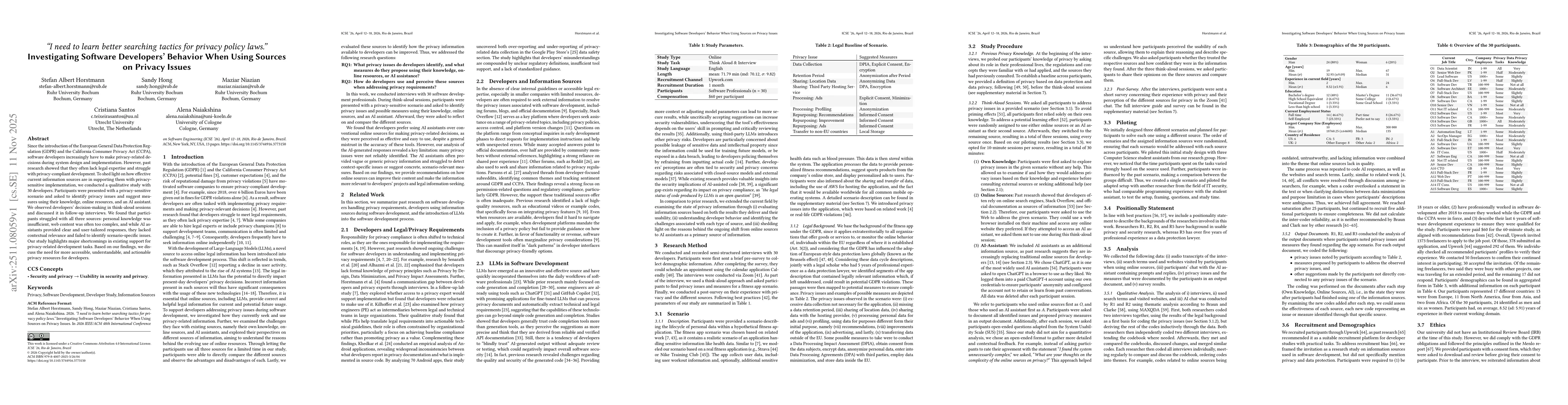 Thumbnail for "I need to learn better searching tactics for privacy policy laws.'' Investigating Software Developers' Behavior When Using Sources on Privacy Issues