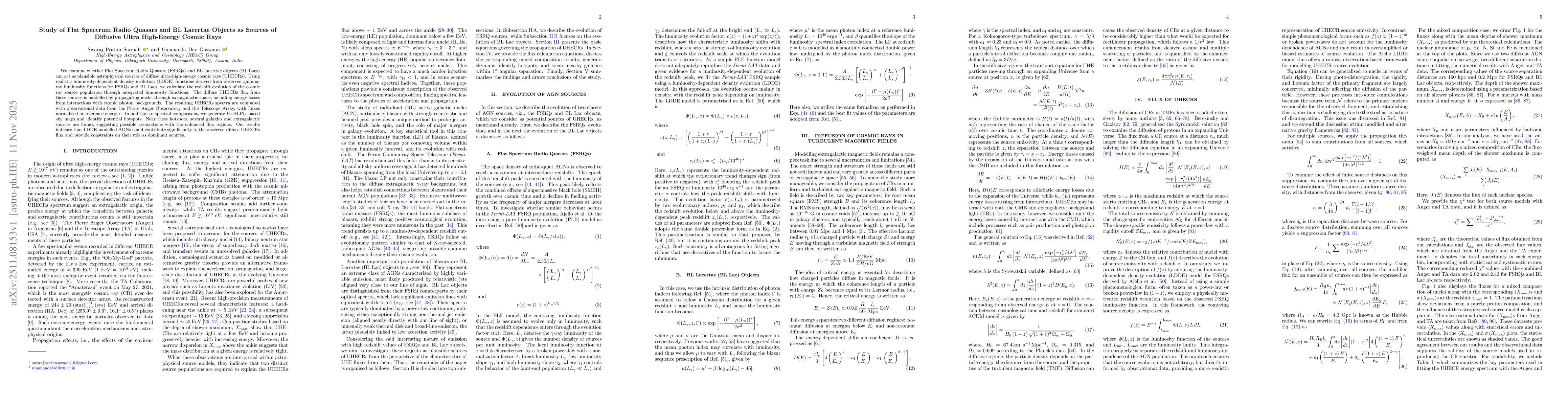 Thumbnail for Study of Flat Spectrum Radio Quasars and BL Lacertae Objects as Sources of Diffusive Ultra High-Energy Cosmic Rays
