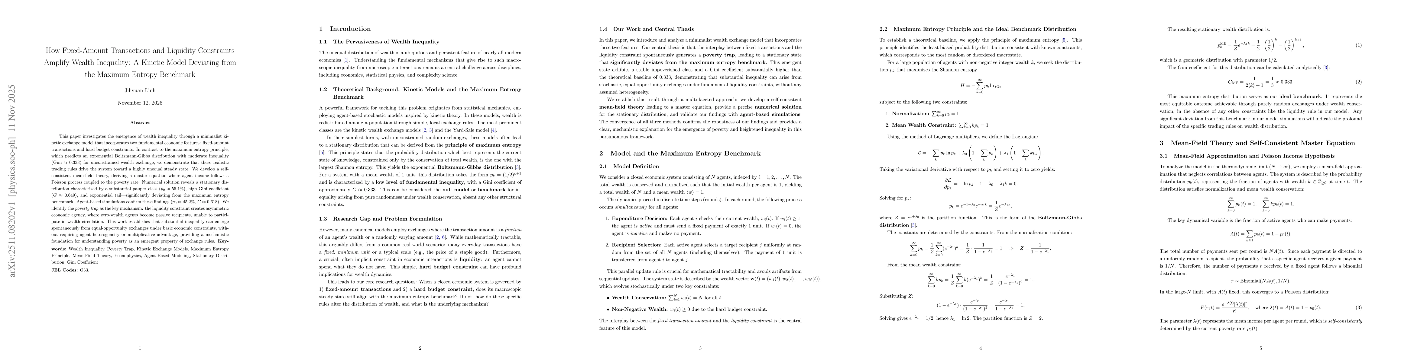 Thumbnail for How Fixed-Amount Transactions and Liquidity Constraints Amplify Wealth Inequality: A Kinetic Model Deviating from the Maximum Entropy Benchmark
