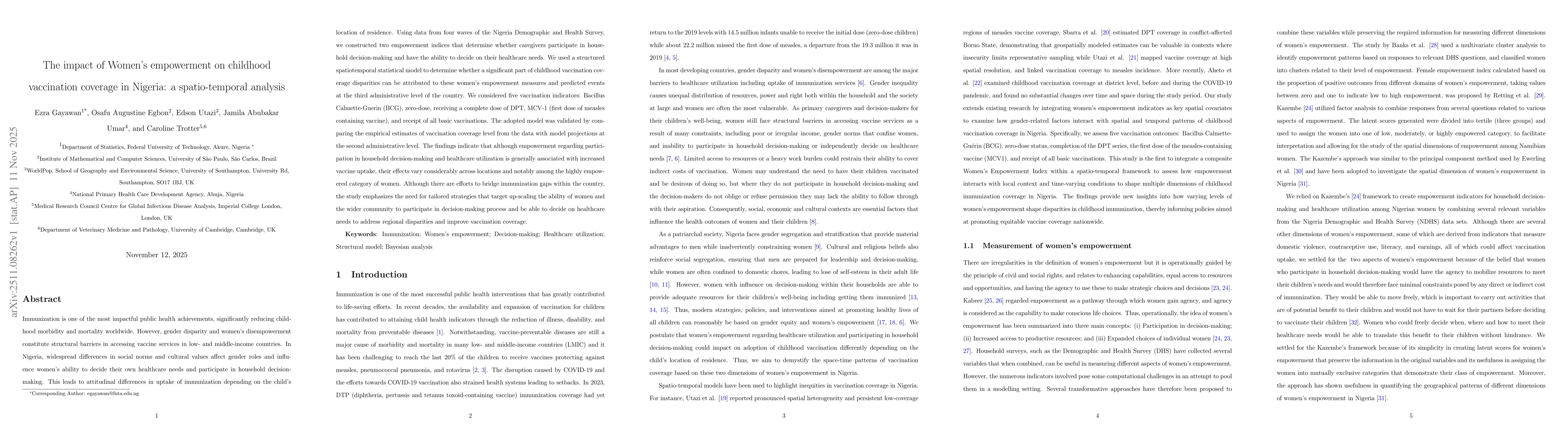 Thumbnail for The impact of Women's empowerment on childhood vaccination coverage in Nigeria: a spatio-temporal analysis