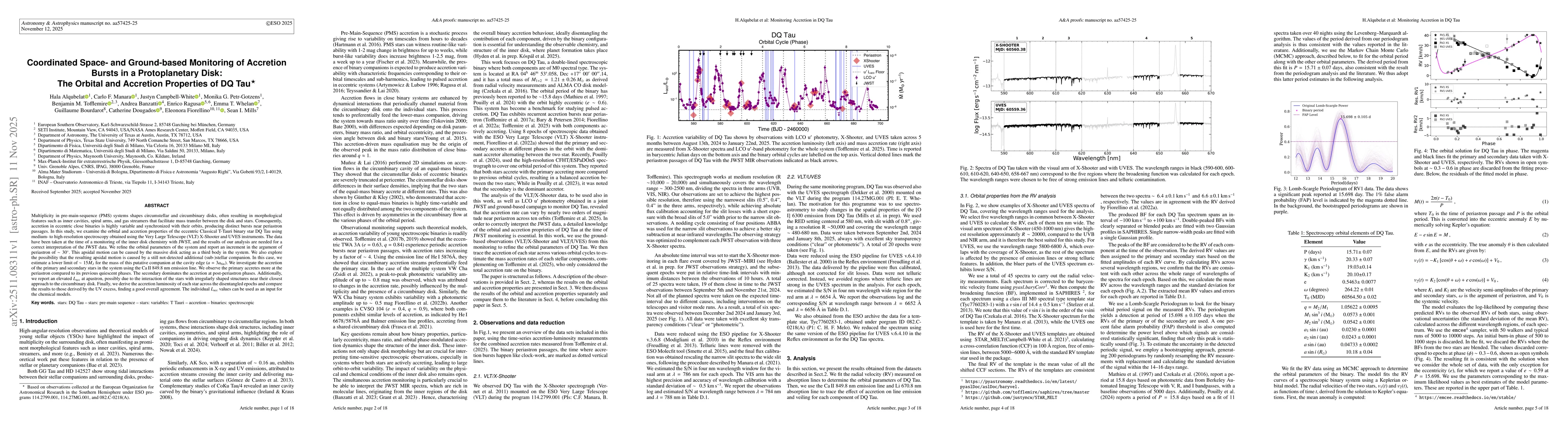 Thumbnail for Coordinated Space- and Ground-based Monitoring of Accretion Bursts in a Protoplanetary Disk: The Orbital and Accretion Properties of DQ Tau