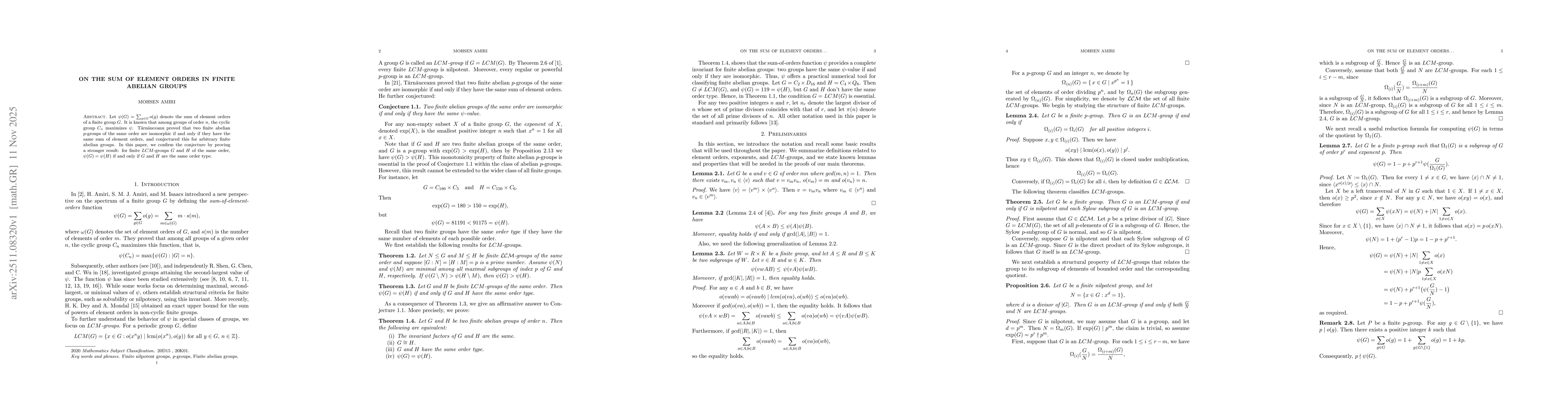 Thumbnail for On the Sum of Element Orders in Finite Abelian Groups