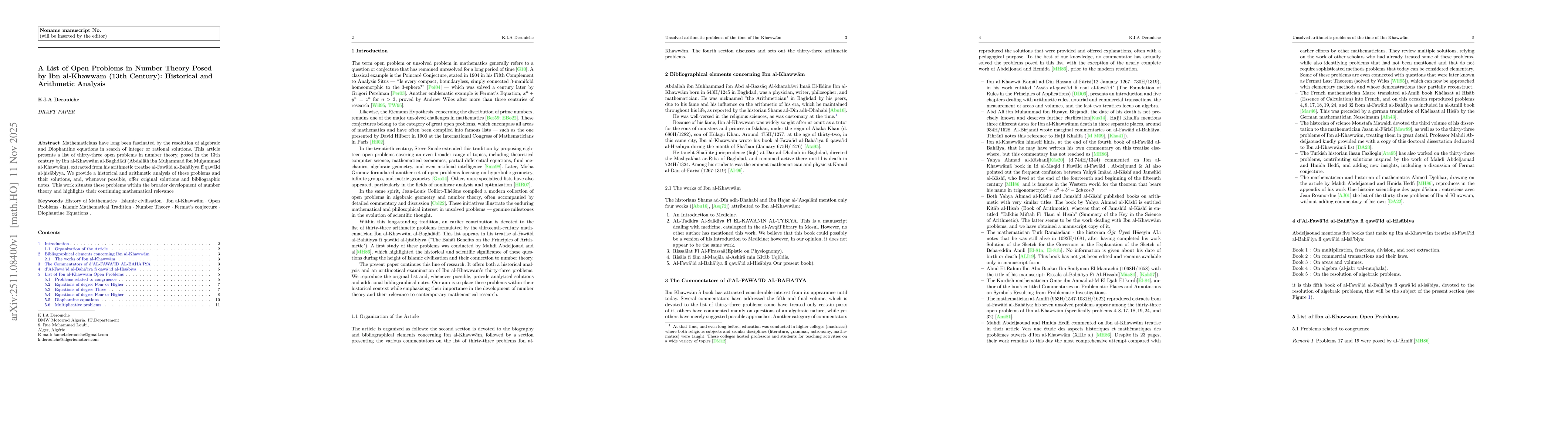 Thumbnail for A List of Open Problems in Number Theory Posed by Ibn al-Khawwām (13th Century): Historical and Arithmetic Analysis