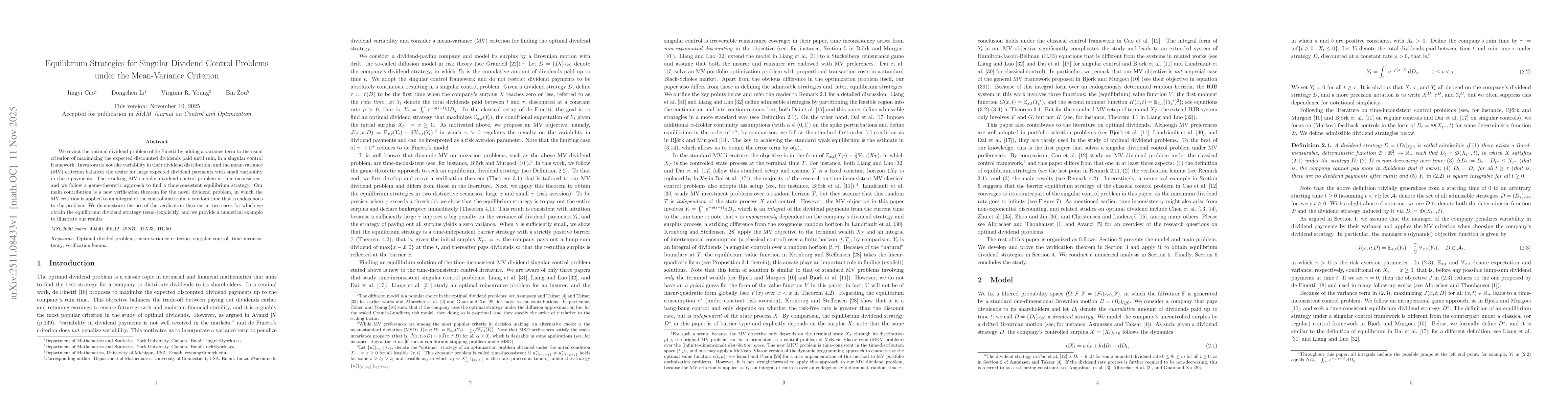 Thumbnail for Equilibrium Strategies for Singular Dividend Control Problems under the Mean-Variance Criterion