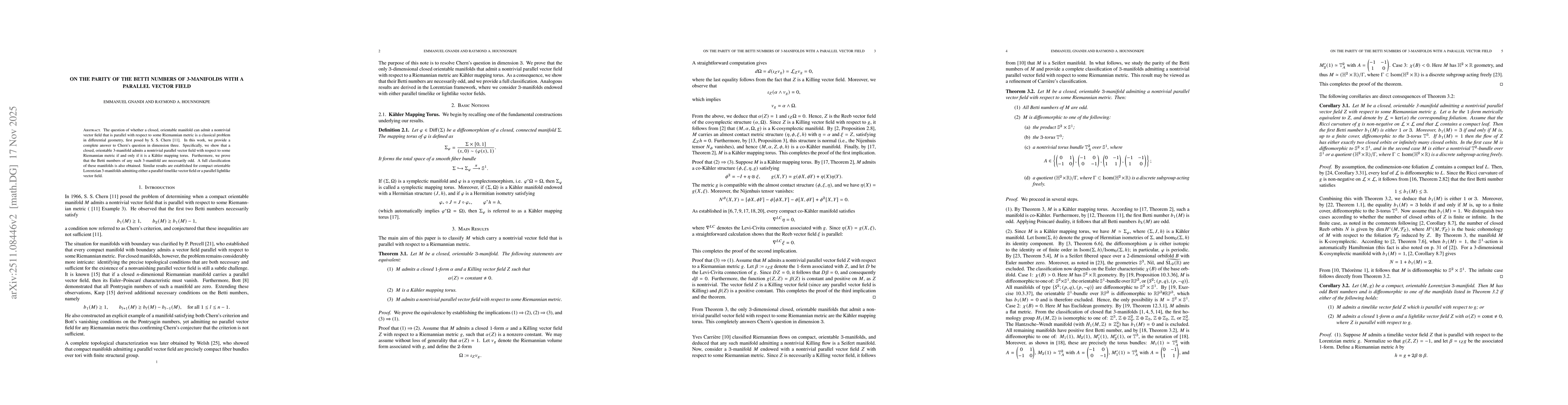 Thumbnail for On the parity of the Betti numbers of 3-manifolds with a parallel vector field