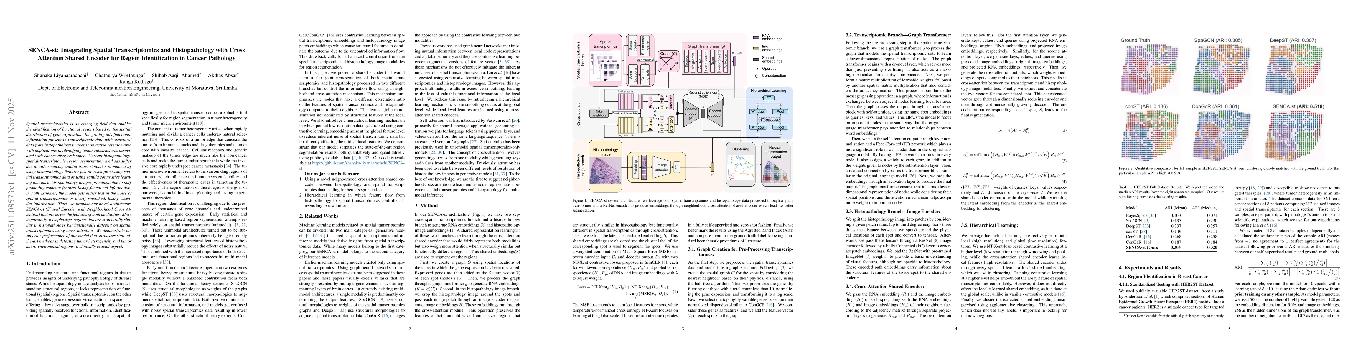Thumbnail for SENCA-st: Integrating Spatial Transcriptomics and Histopathology with Cross Attention Shared Encoder for Region Identification in Cancer Pathology
