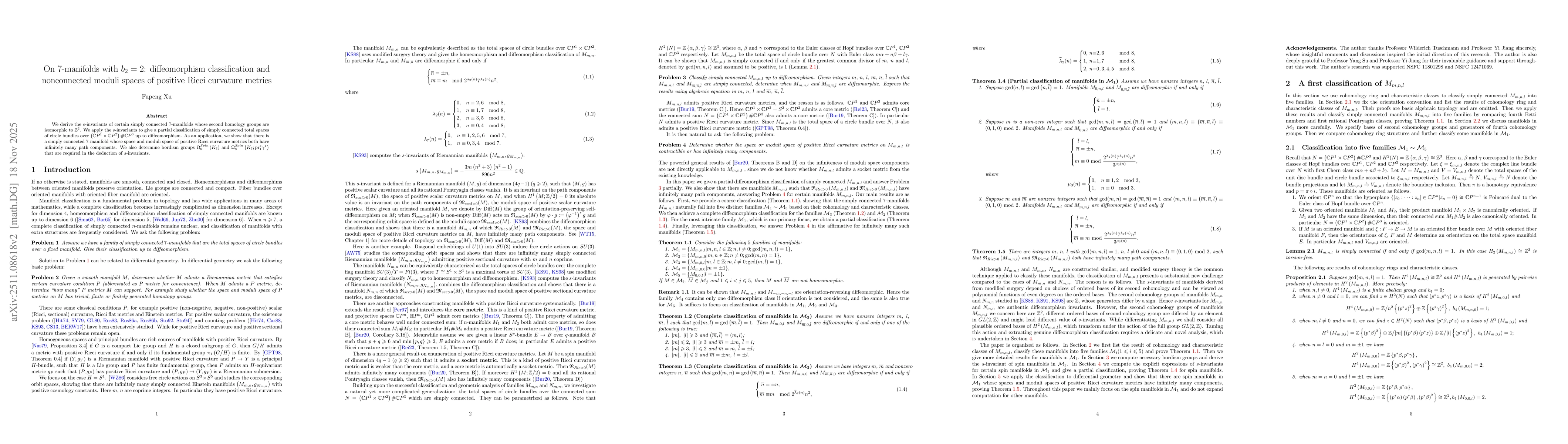Thumbnail for On $7$-manifolds with $b_{2}=2$: diffeomorphism classification and nonconnected moduli spaces of positive Ricci curvature metrics
