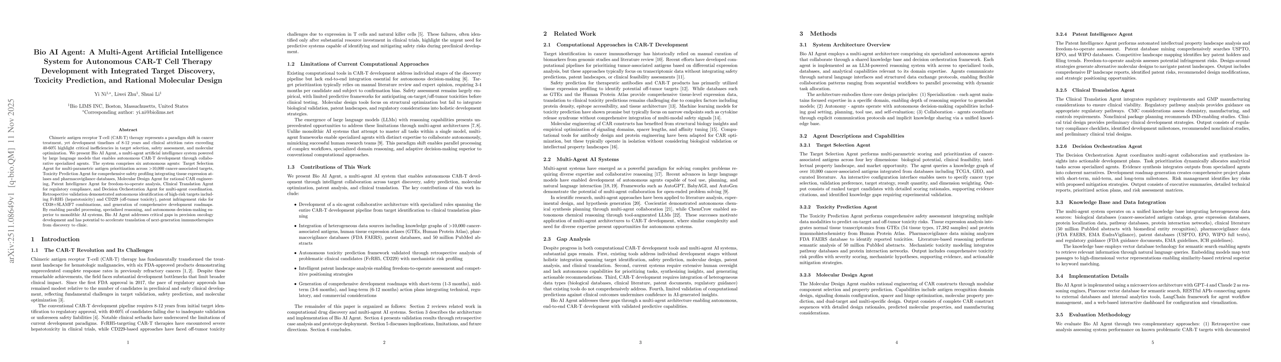 Thumbnail for Bio AI Agent: A Multi-Agent Artificial Intelligence System for Autonomous CAR-T Cell Therapy Development with Integrated Target Discovery, Toxicity Prediction, and Rational Molecular Design