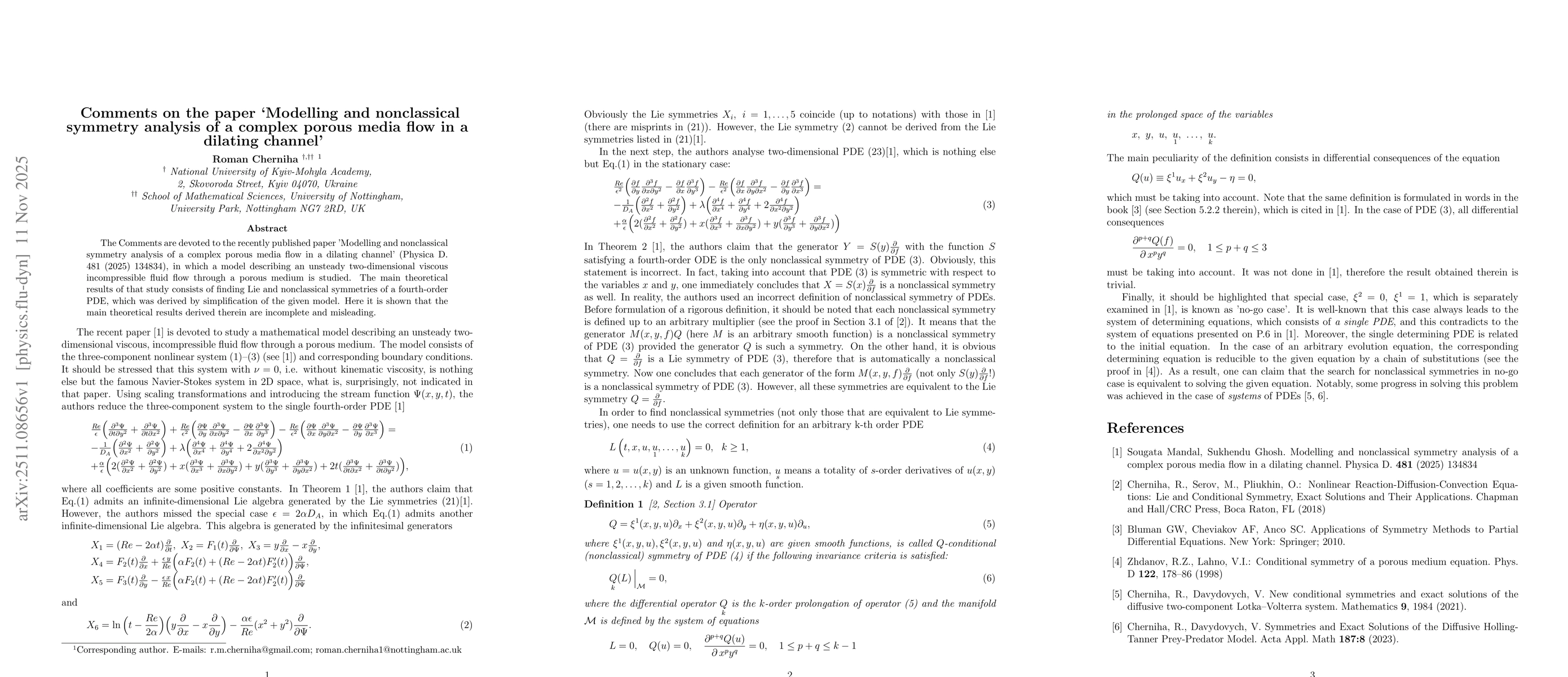 Thumbnail for Comments on the paper `Modelling and nonclassical symmetry analysis of a complex porous media flow in a dilating channel'