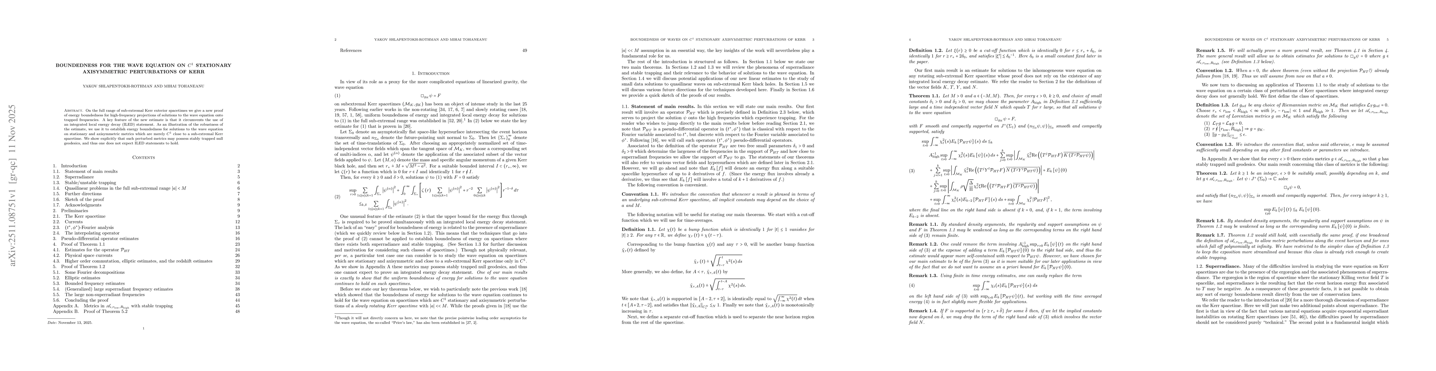 Thumbnail for Boundedness for the wave equation on $C^1$ stationary axisymmetric perturbations of Kerr