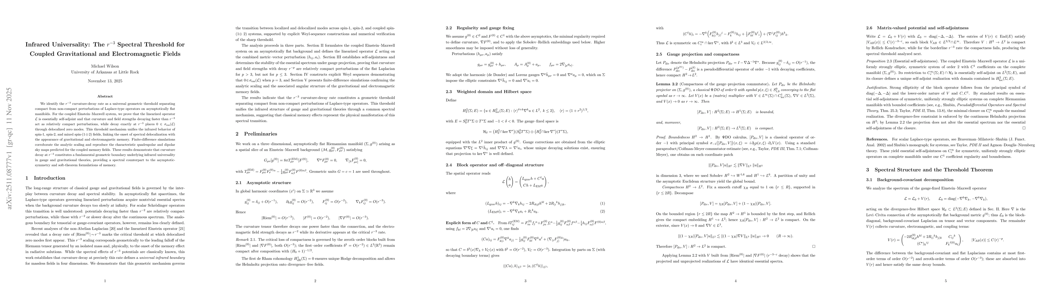 Thumbnail for Infrared Universality: The $r^{-3}$ Spectral Threshold for Coupled Gravitational and Electromagnetic Fields