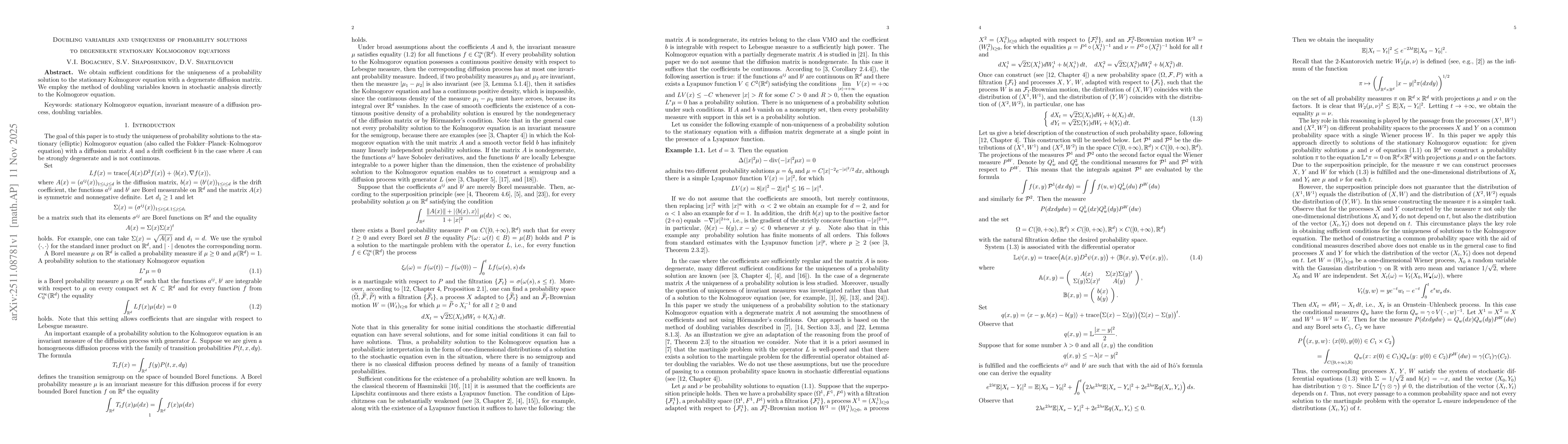 Thumbnail for Doubling variables and uniqueness of probability solutions to degenerate stationary Kolmogorov equations
