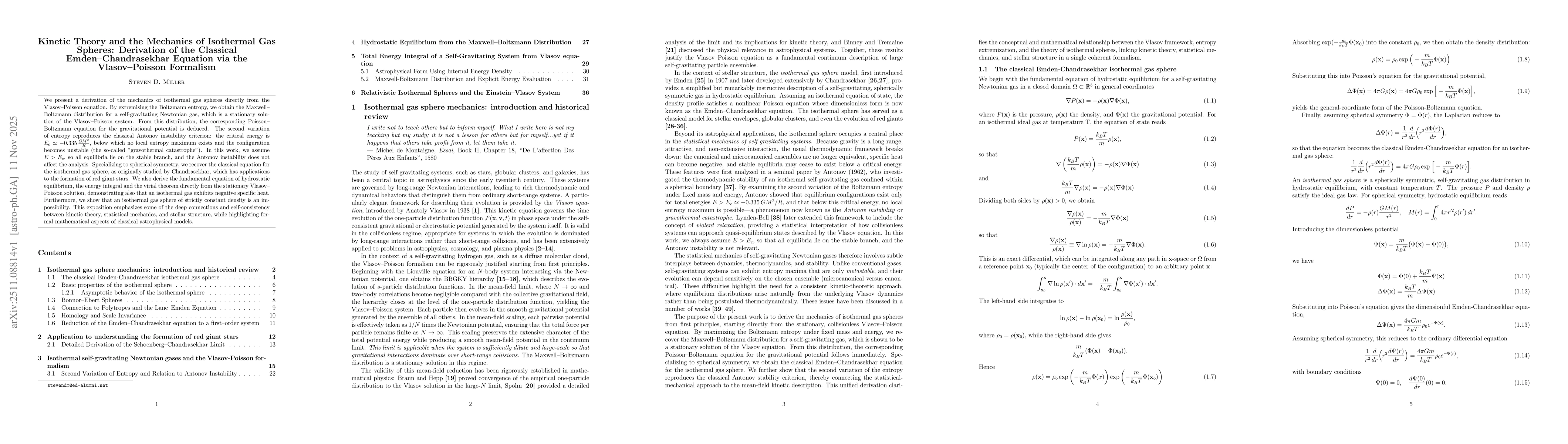 Thumbnail for Kinetic Theory and the Mechanics of Isothermal Gas Spheres: Derivation of the Classical Emden--Chandrasekhar Equation via the Vlasov--Poisson Formalism