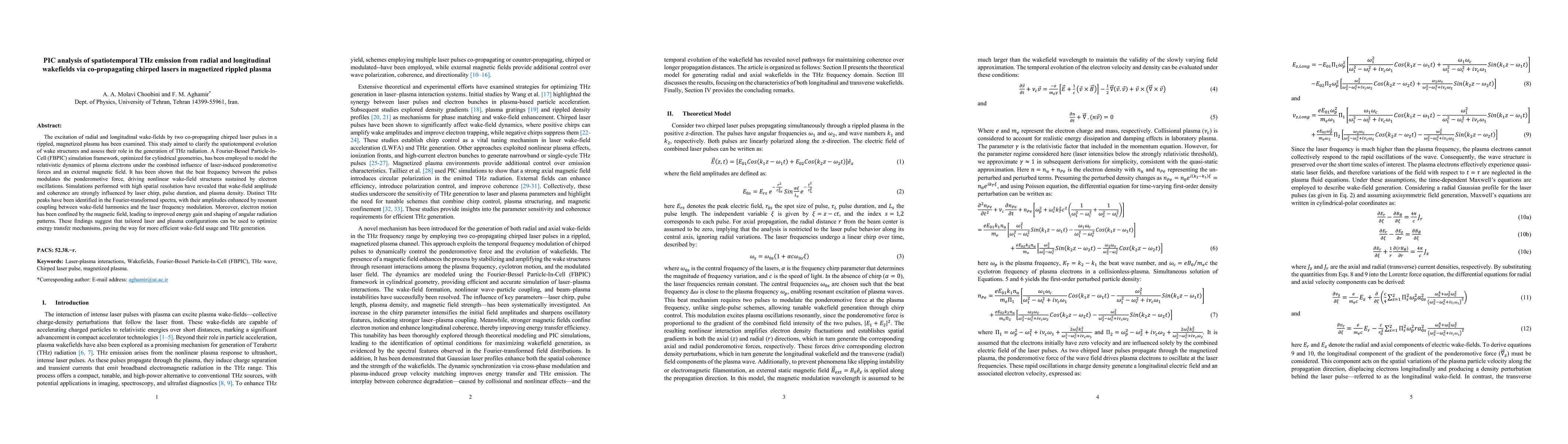 Thumbnail for PIC analysis of spatiotemporal THz emission from radial and longitudinal wakefields via copropagating chirped lasers in magnetized rippled plasma