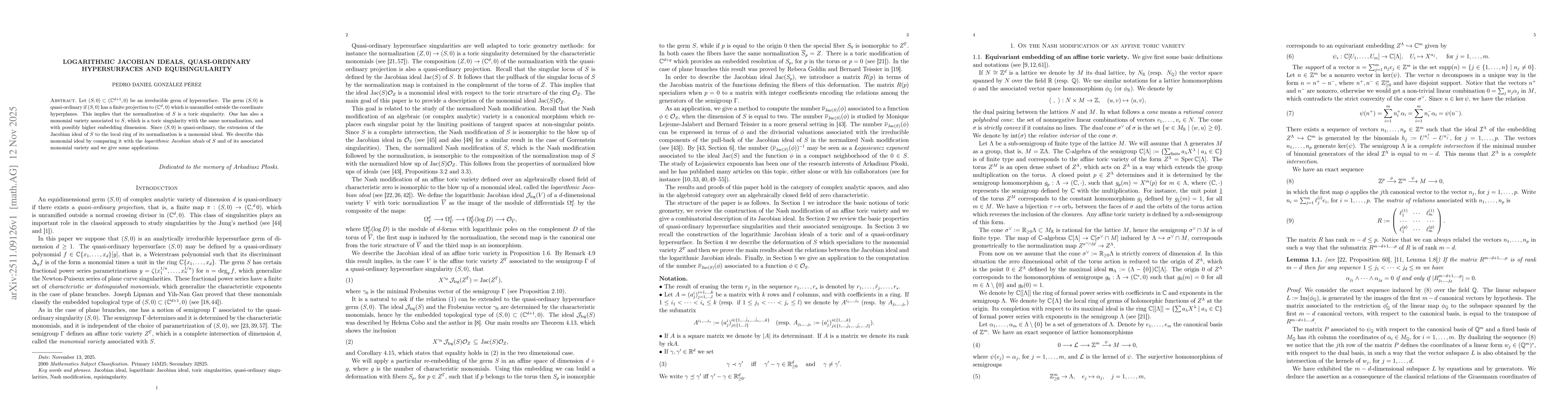 Thumbnail for Logarithmic Jacobian ideals, quasi-ordinary hypersurfaces and equisingularity