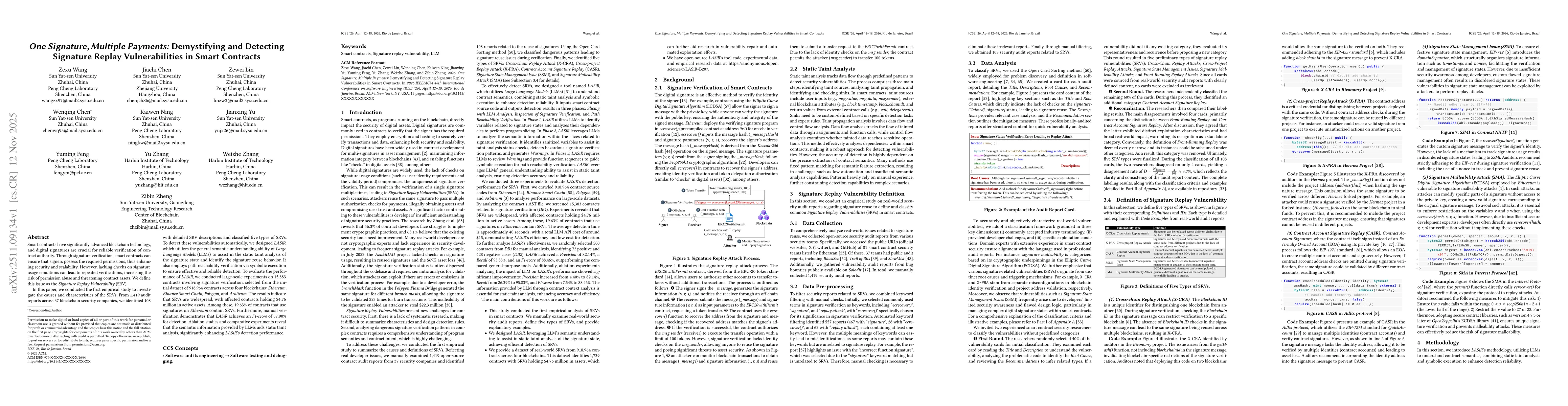 Thumbnail for One Signature, Multiple Payments: Demystifying and Detecting Signature Replay Vulnerabilities in Smart Contracts