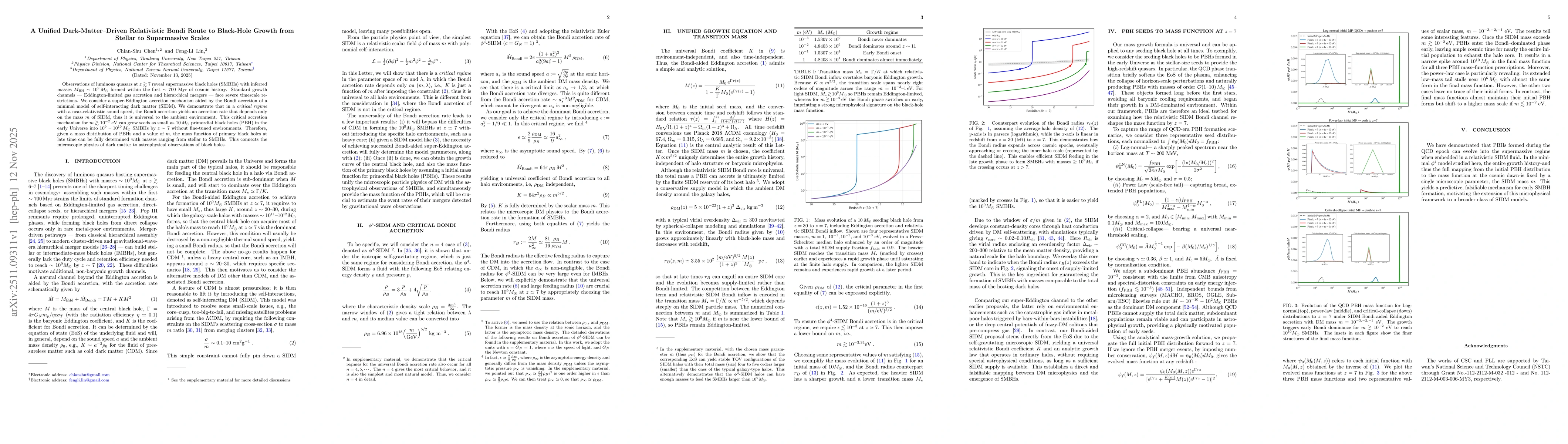 Thumbnail for A Unified Dark-Matter--Driven Relativistic Bondi Route to Black-Hole Growth from Stellar to Supermassive Scales