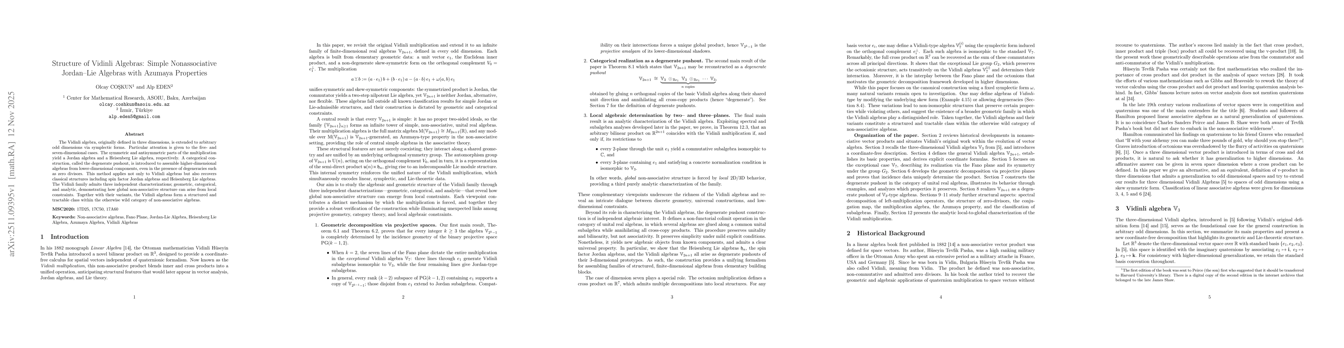 Thumbnail for Structure of Vidinli Algebras: Simple Nonassociative Jordan-Lie Algebras with Azumaya Properties