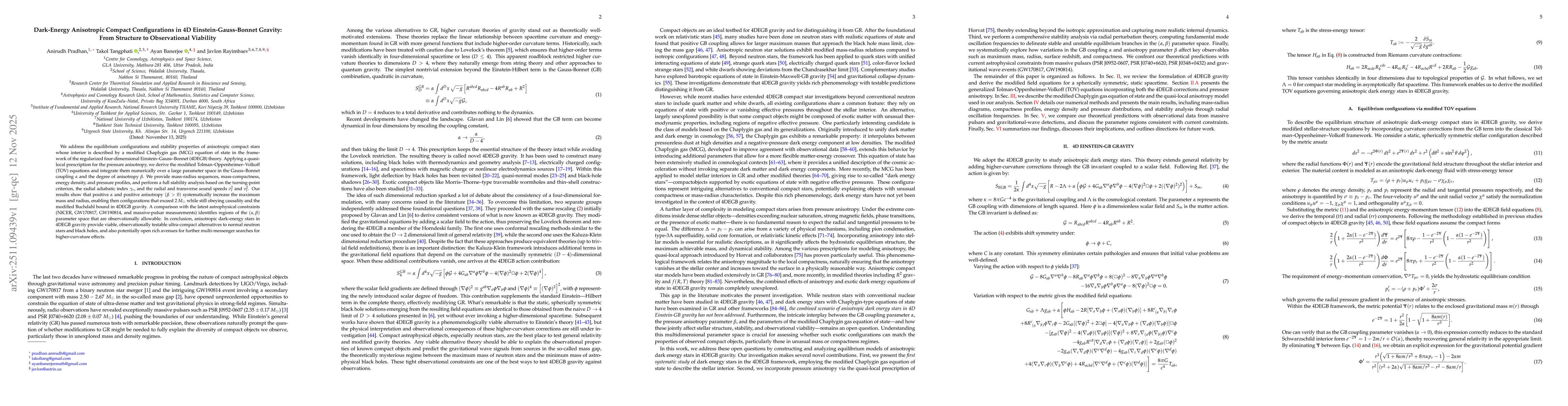 Thumbnail for Dark-Energy Anisotropic Compact Configurations in 4D Einstein-Gauss-Bonnet Gravity: From Structure to Observational Viability