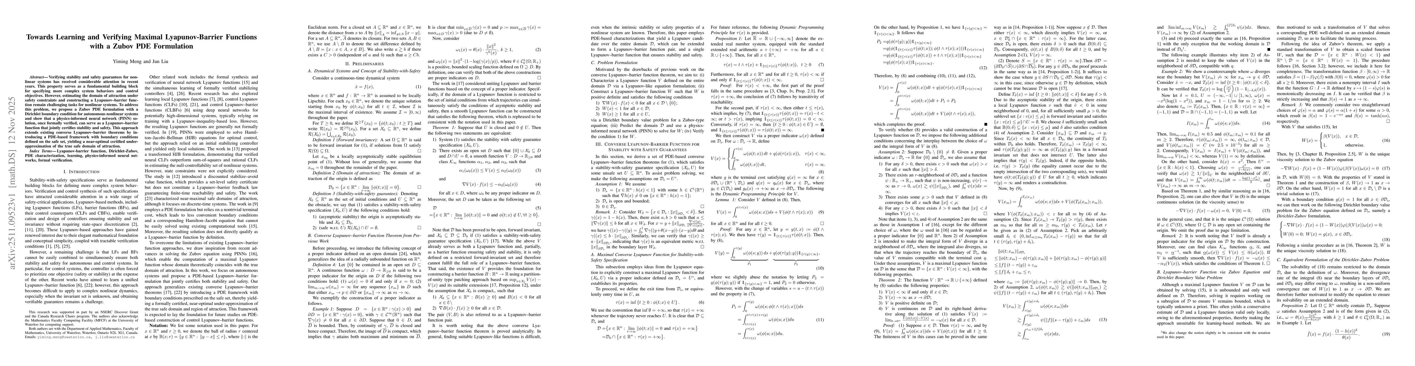 Thumbnail for Towards Learning and Verifying Maximal Lyapunov-Barrier Functions with a Zubov PDE Formulation