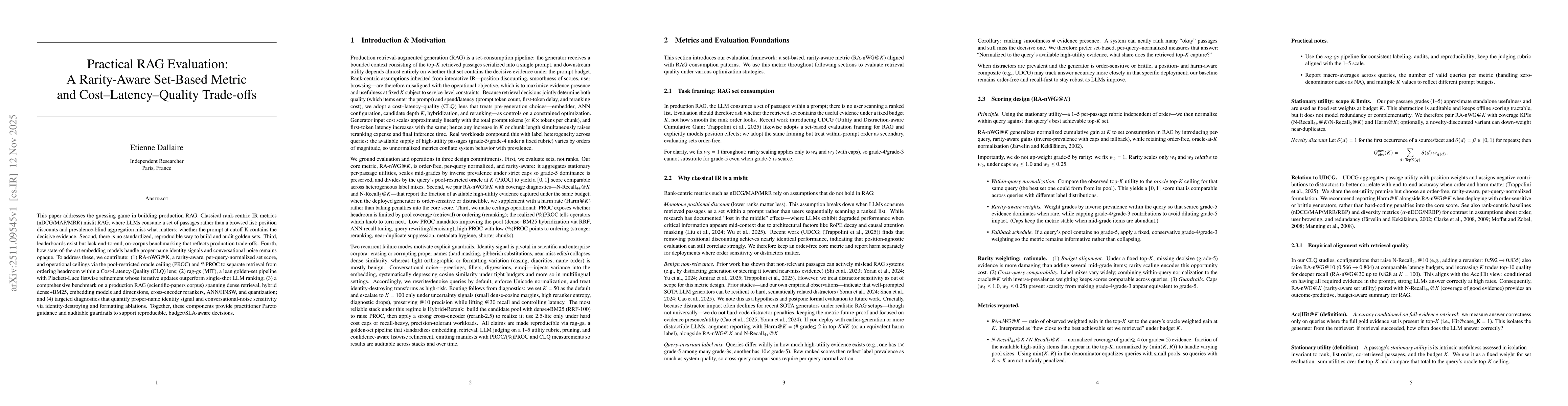 Thumbnail for Practical RAG Evaluation: A Rarity-Aware Set-Based Metric and Cost-Latency-Quality Trade-offs