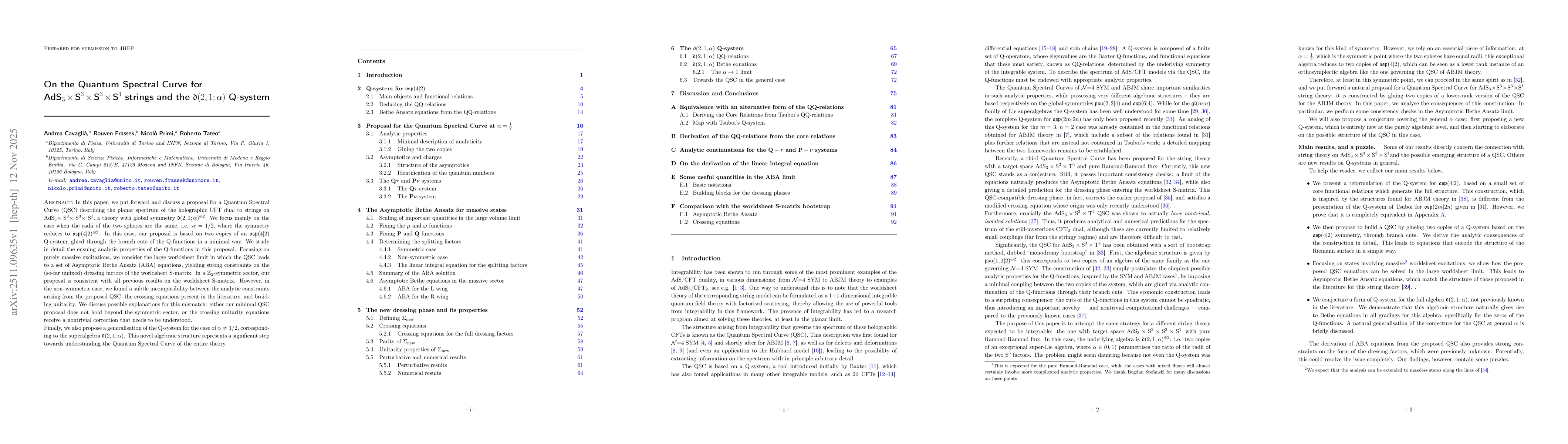 Thumbnail for On the Quantum Spectral Curve for $\text{AdS}_3\times \text{S}^3\times \text{S}^3\times \text{S}^1$ strings and the $\mathfrak{d}(2,1;α)$ Q-system