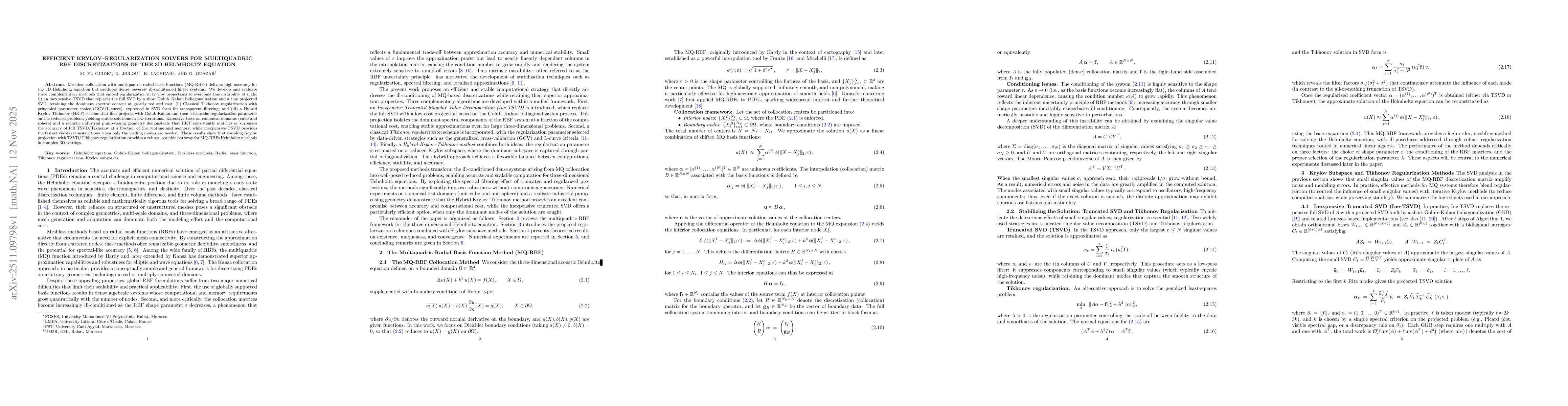 Thumbnail for Efficient Krylov-Regularization Solvers for Multiquadric RBF Discretizations of the 3D Helmholtz Equation