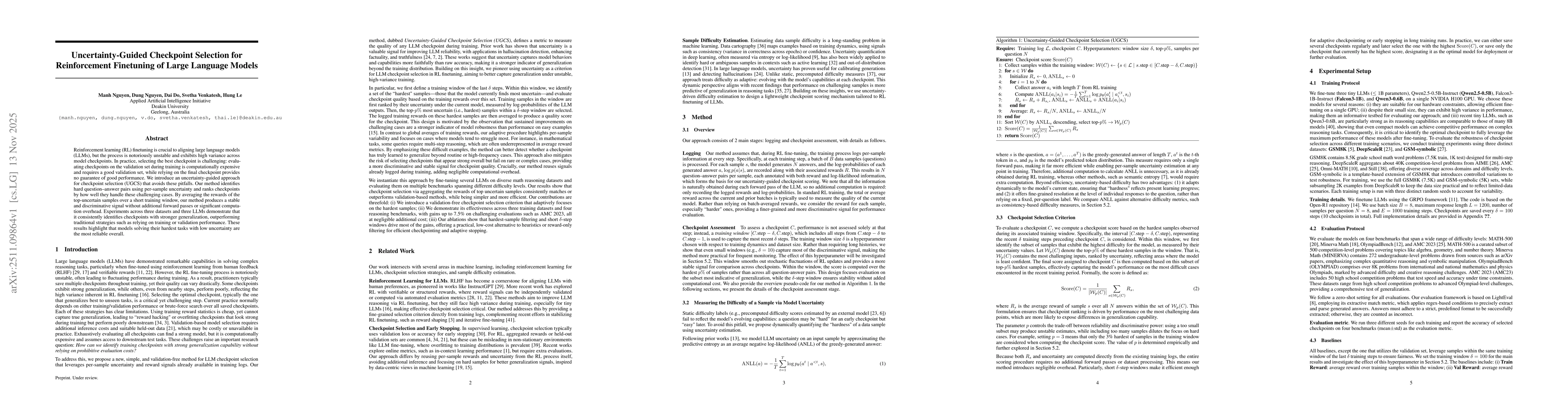 Thumbnail for Uncertainty-Guided Checkpoint Selection for Reinforcement Finetuning of Large Language Models