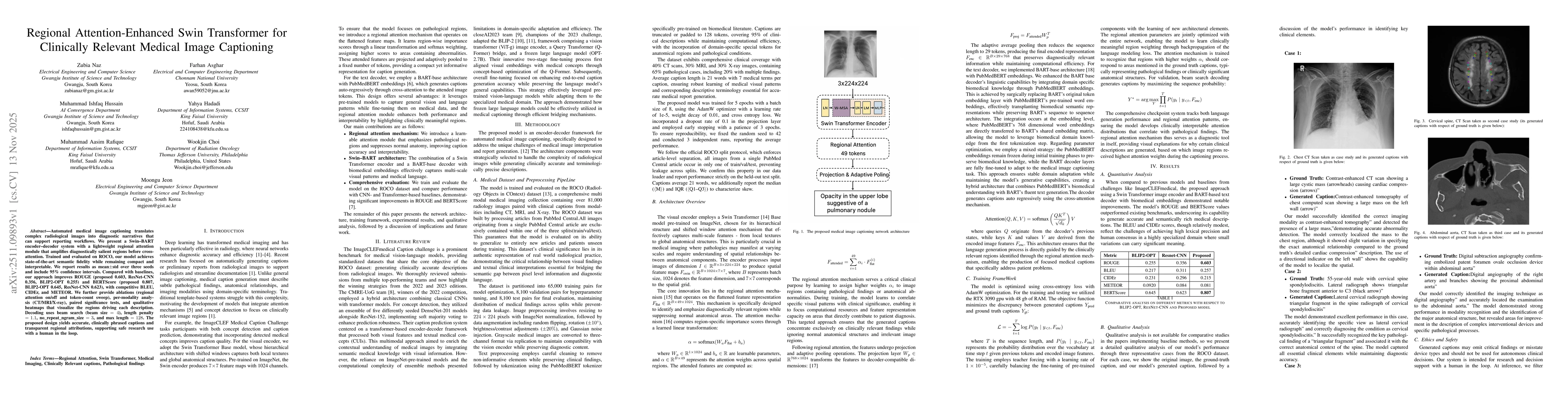 Thumbnail for Regional Attention-Enhanced Swin Transformer for Clinically Relevant Medical Image Captioning