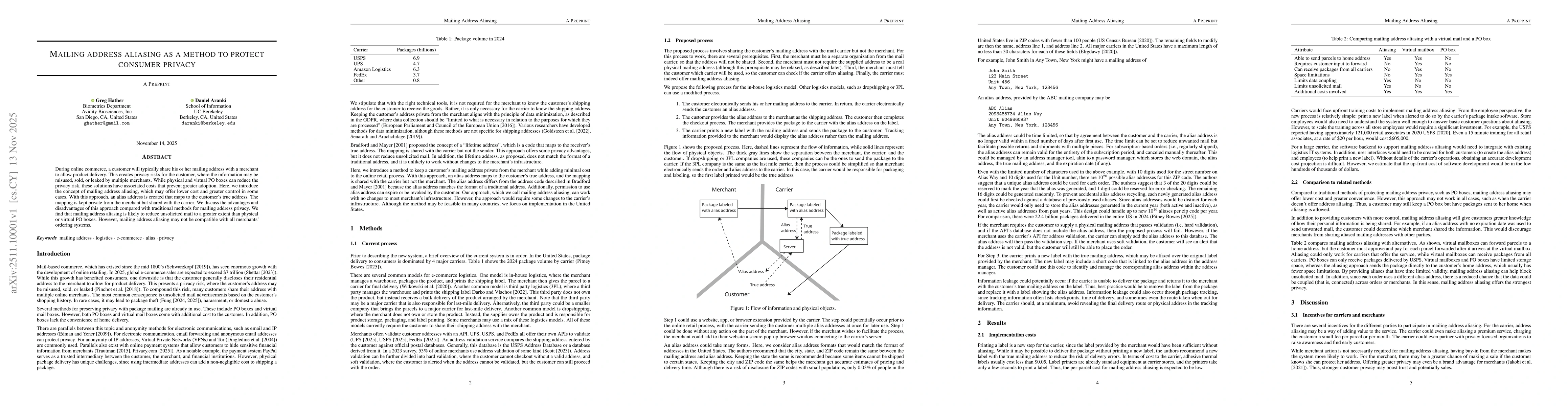 Thumbnail for Mailing address aliasing as a method to protect consumer privacy