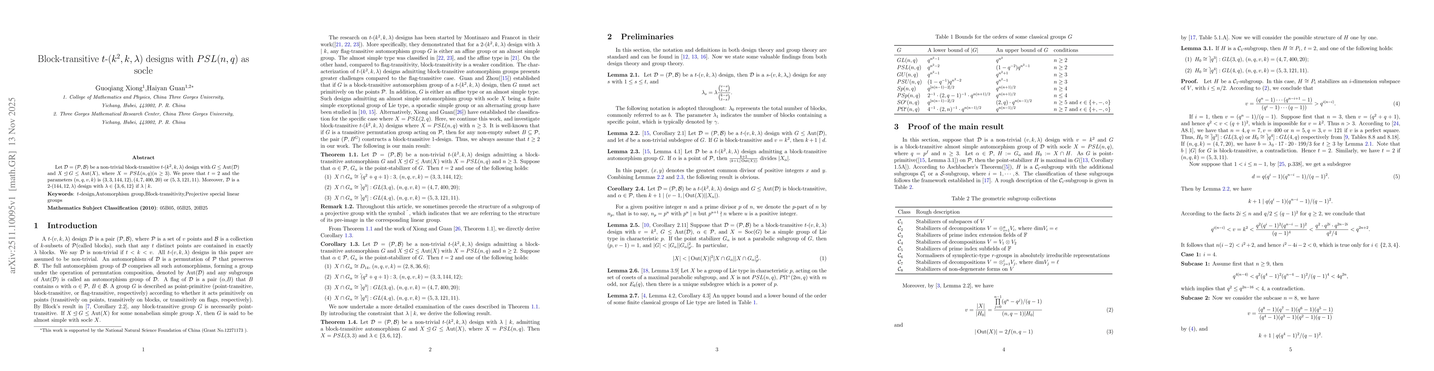 Thumbnail for Block-transitive $t$-($k^2,k,λ$) designs with $PSL(n,q)$ as socle