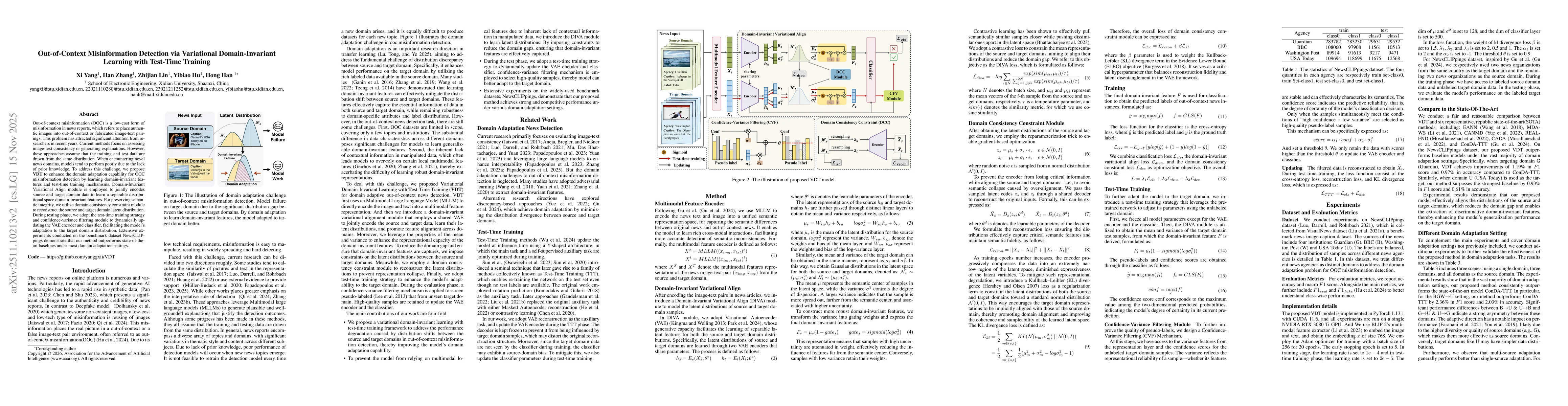Thumbnail for Out-of-Context Misinformation Detection via Variational Domain-Invariant Learning with Test-Time Training