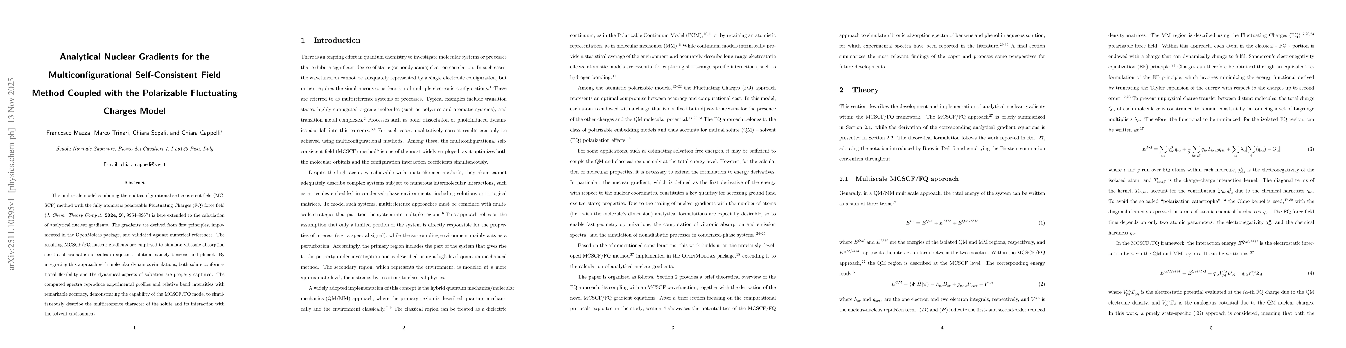 Thumbnail for Analytical Nuclear Gradients for the Multiconfigurational Self-Consistent Field Method Coupled with the Polarizable Fluctuating Charges Model