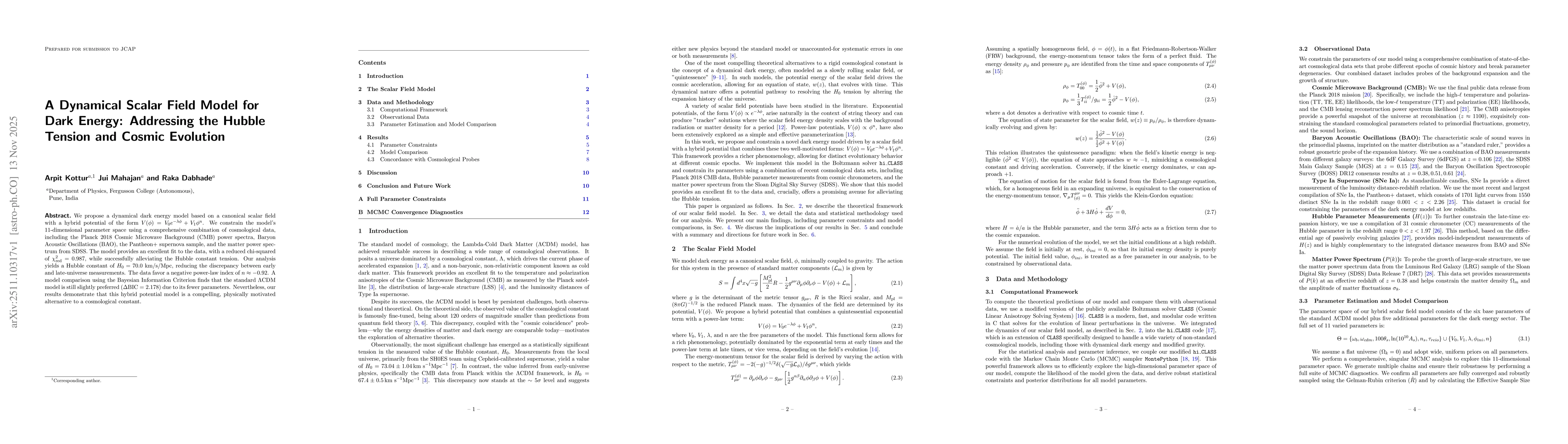 Thumbnail for A Dynamical Scalar Field Model for Dark Energy: Addressing the Hubble Tension and Cosmic Evolution