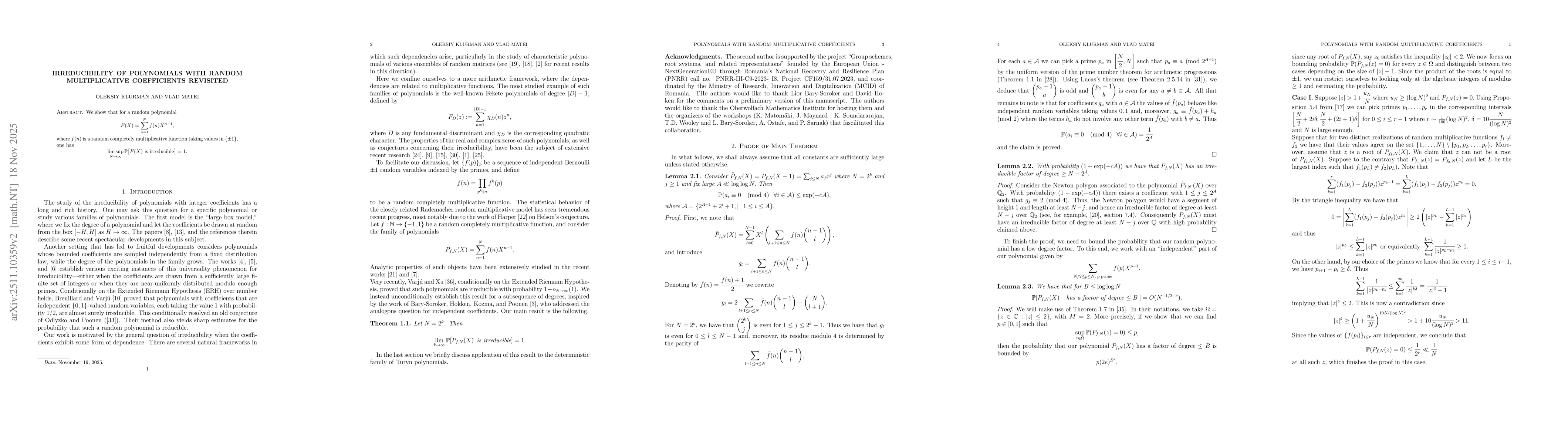 Thumbnail for Irreducibility of polynomials with random multiplicative coefficients revisited