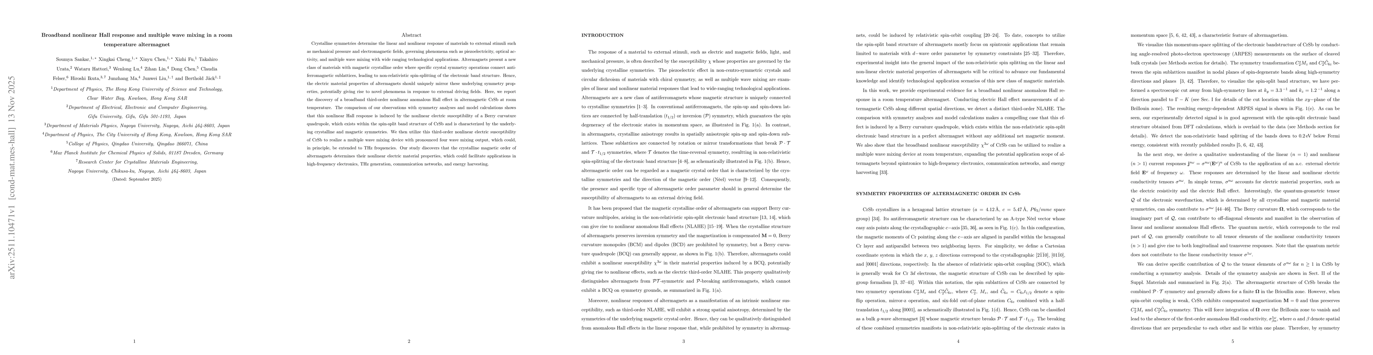 Thumbnail for Broadband nonlinear Hall response and multiple wave mixing in a room temperature altermagnet