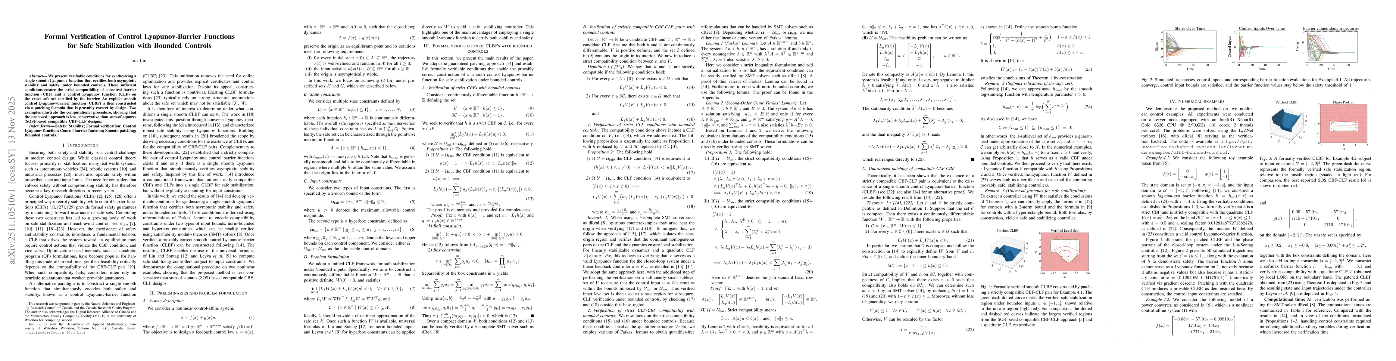 Thumbnail for Formal Verification of Control Lyapunov-Barrier Functions for Safe Stabilization with Bounded Controls
