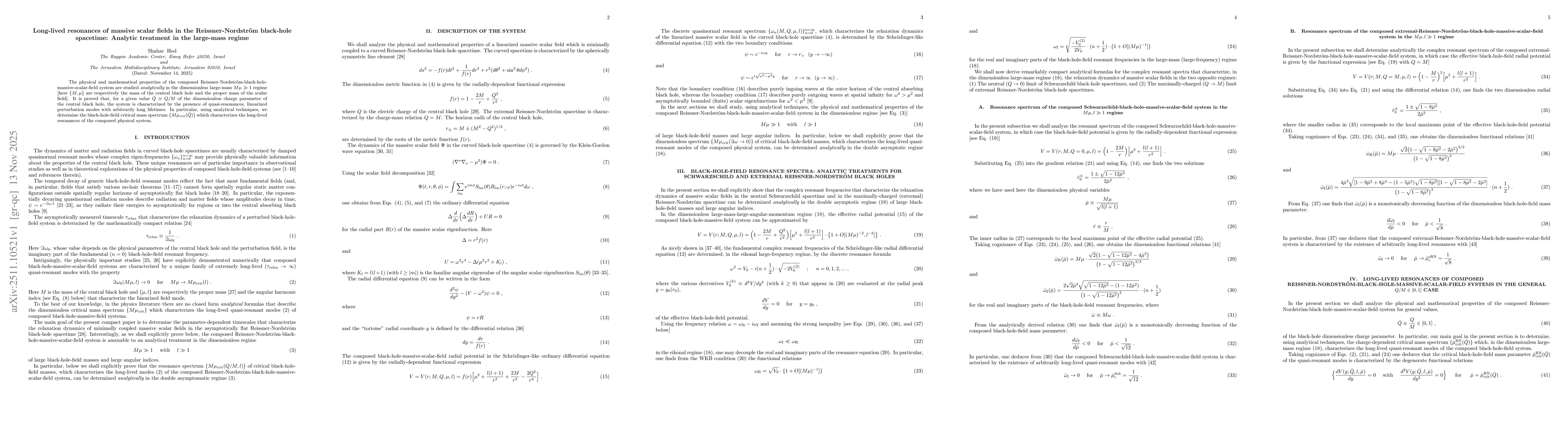 Thumbnail for Long-lived resonances of massive scalar fields in the Reissner-Nordström black-hole spacetime: Analytic treatment in the large-mass regime