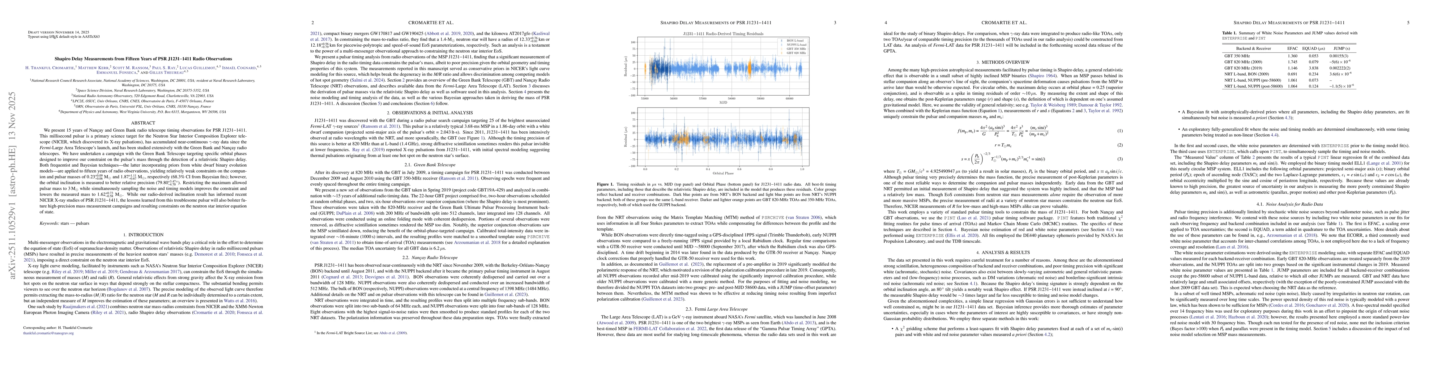 Thumbnail for Shapiro Delay Measurements from Fifteen Years of PSR J1231$-$1411 Radio Observations