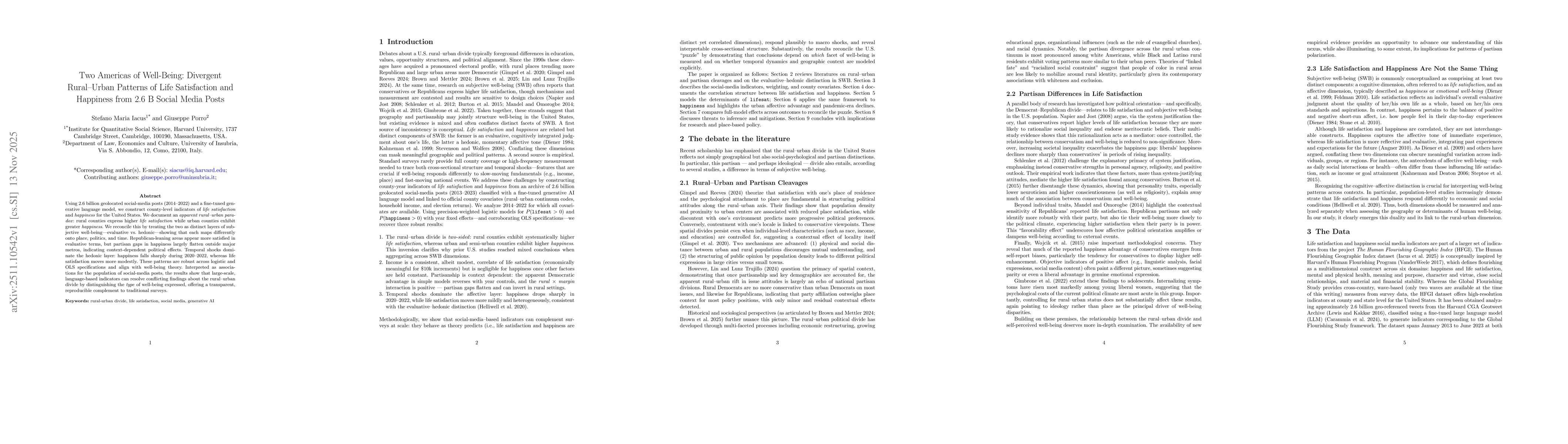 Thumbnail for Two Americas of Well-Being: Divergent Rural-Urban Patterns of Life Satisfaction and Happiness from 2.6 B Social Media Posts