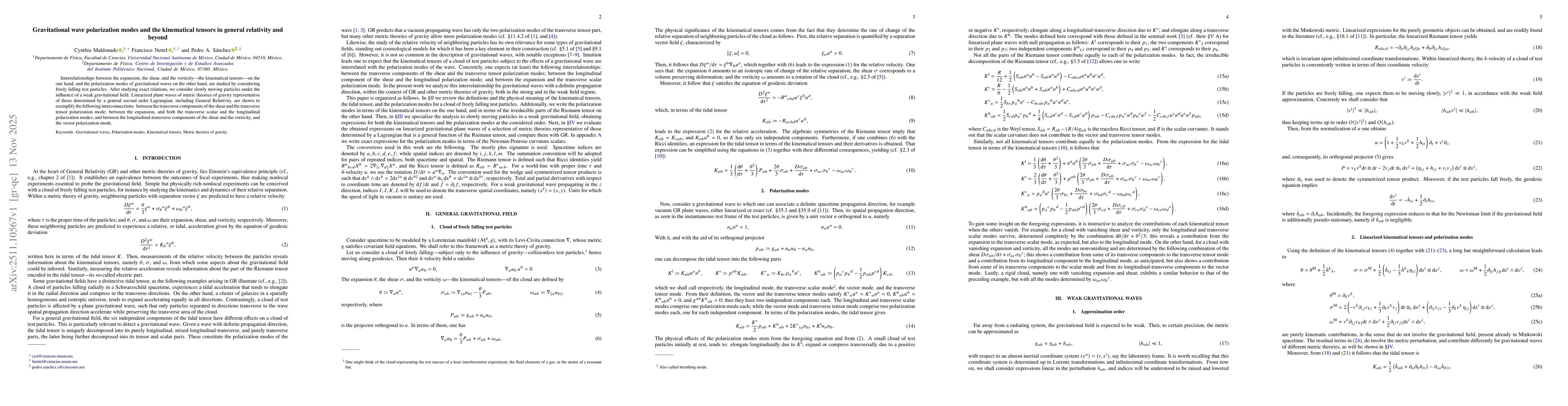 Thumbnail for Gravitational wave polarization modes and the kinematical tensors in general relativity and beyond